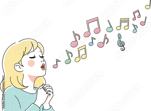 Expressive woman singing with musical notes floating, creating a vibrant melody for creative projects, showcasing passion and artistic expression