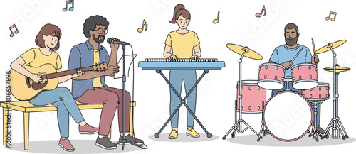 Energetic band performing live music, creating a cheerful atmosphere with acoustic guitar, keyboard, drums, and vocals, inspiring creativity and joy