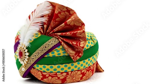 Image features a vibrant and ornate turban, showcasing a mix of colors and patterns. The base of the turban is primarily a light yellow with teal polka dots, accented by bold stripes of purple and gre