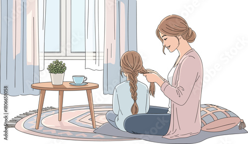 Loving mother braiding daughter's hair in sunlit room, expressing care and connection in a tender moment, fostering family bonds, creating happy memories