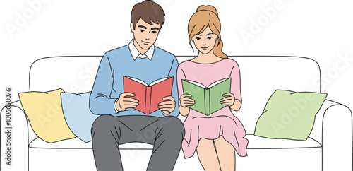 Cozy couple enjoying a quiet afternoon reading books together on the sofa, sharing knowledge and relaxation in their home, creating a peaceful moment