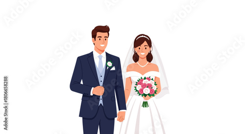Happy newlyweds walking together in formal wedding attire, smiling on their special day