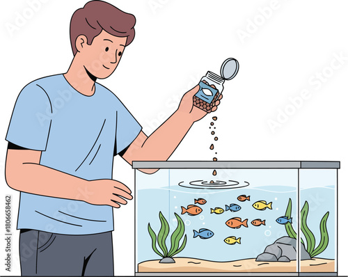 Joyful man feeding colorful fish in aquarium, promoting responsibility and pet care, perfect for family, lifestyle, and hobby concepts with calming vibes
