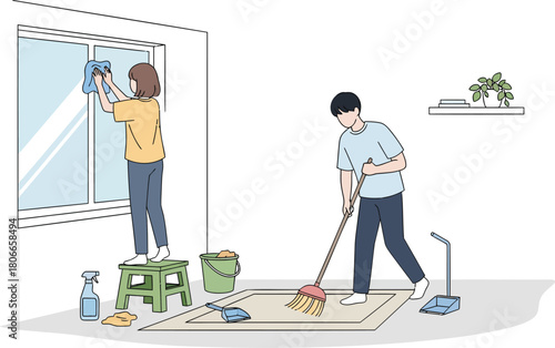Teamwork makes the dream work! Couple cleaning house together, spring cleaning, chores, happy domestic life, home maintenance, modern lifestyle