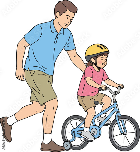 Father helping his daughter learn to ride her bike, creating precious memories and fostering a strong bond during a sunny day out, adorable!