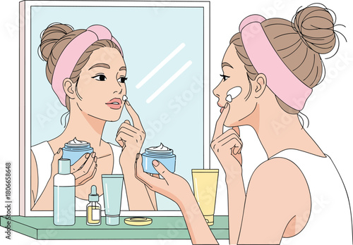 Pampering routine with facial cream for a radiant glow, woman enjoying skincare for a healthy complexion and beautiful skin through self care rituals