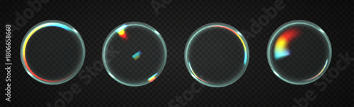 Transparent 3D glass circle button with liquid texture and smooth rainbow gradient on dark backdrop. Glossy UI element for futuristic tech or game interface.