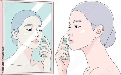 Elegant woman applying refreshing facial mist in mirror for skincare routine, promoting youthful glow and self care in a modern lifestyle