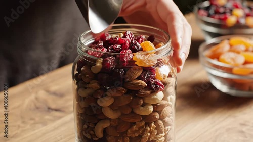 Person pouring dried fruits and nuts into a glass jar