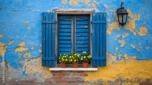 old rustic architecture with cracked paint brick texture and window plants