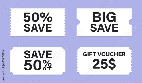 Set of discount coupon ticket. Various coupon promotion illustration. Shopping Discounts.