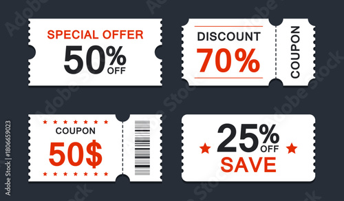 Set of discount coupon ticket. Various coupon promotion illustration. Shopping Discounts.