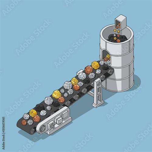 Isometric view of a conveyor belt transporting minerals to a silo.