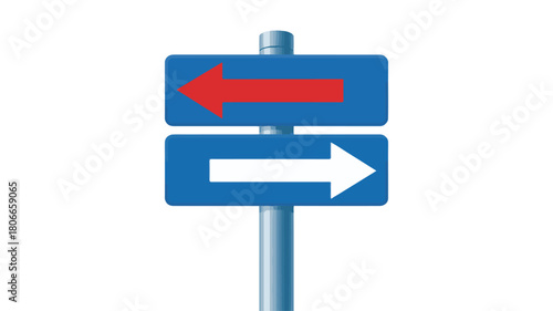 Two directional arrow signs on a pole, red left and white right, on a white background vector