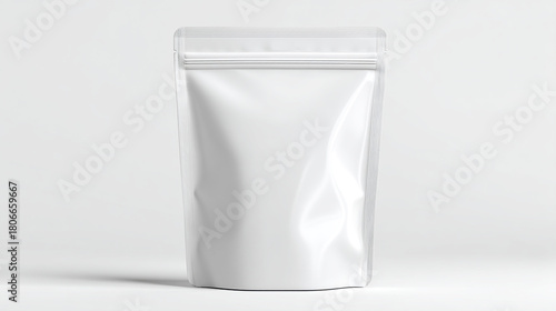 Close up of a blank white stand up pouch with zipper on a white background
