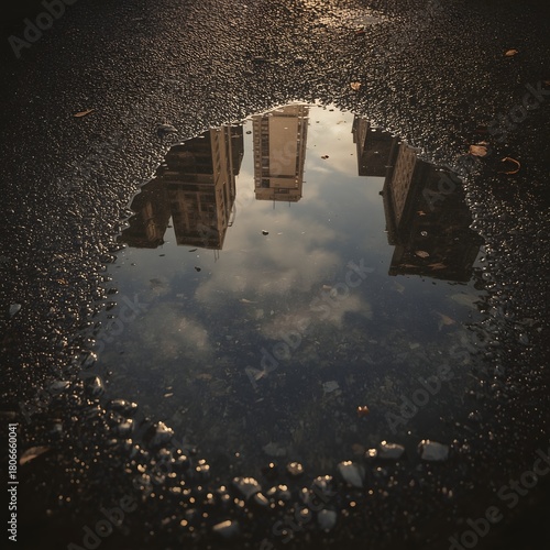 top down view of a reflective puddle showing morning cityscape with golden sunlight and detailed wet asphalt textures