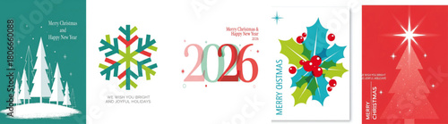 Festive Merry Christmas and Happy New Year Greeting Card Vector Illustrations: A Collection of Holiday Backgrounds, Party Invitations, Social Media Banners, and Seasonal Marketing Materials.