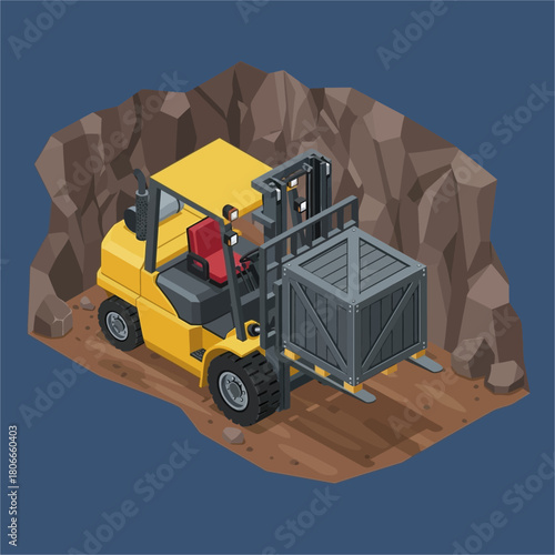 Yellow forklift transporting a crate inside a rocky environment.