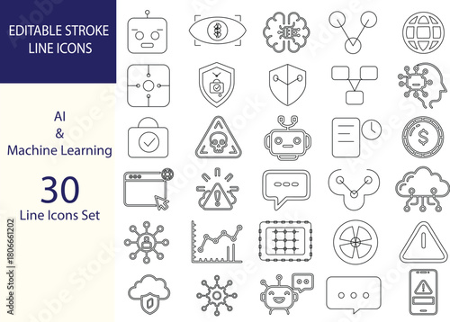 AI & Machine Learning Line Icons Set – Neural Network, Automation, Deep Learning