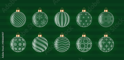 Christmas ornament set vector collection in modern glass styles. Detailed Christmas bauble symbol vector illustration perfect for holiday design