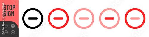 Minus remove icon set , stop sign. horizontal line, dash inside a circle in outline and solid for delete actions, reduce functions, deletion, quantity adjustment, and subtraction interface controls