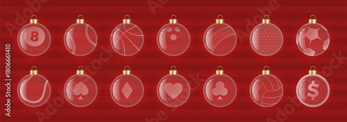 Sport Christmas ornament set vector collection in modern glass styles. Detailed Christmas bauble symbol vector illustration perfect for holiday design