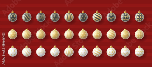 Christmas ornament set vector collection in modern gold glass styles. Detailed Xmas bauble symbol vector illustration perfect for holiday design