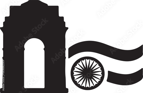 Indian Heritage Silhouette Illustration Featuring India Gate, Ashoka Chakra, and Flowing Ribbon Elements