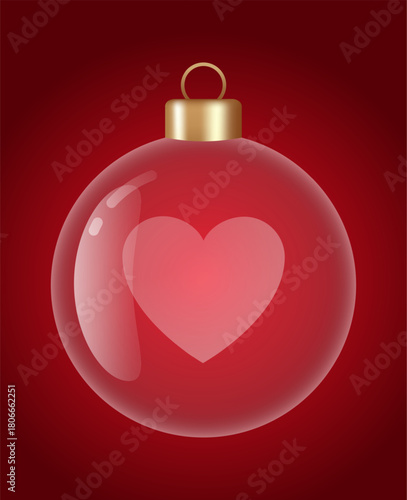 hearts poker chip glass ornament vector bauble for stylish Christmas and New Year decor. Transparent glass sphere vector illustration for festive xmas 3D graphic