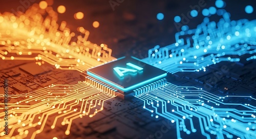 A futuristic depiction of ai, showcasing a central processor with orange and blue circuits, symbolizing the convergence of data and processing power