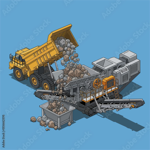 Heavy machinery processing rocks from a dump truck in construction.