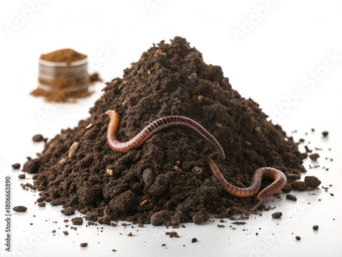 Medium shot, a perfectly shaped, natural-looking pile of dark, nutrient-rich garden soil, with several healthy earthworms visibly burrowing into and emerging from its surface.