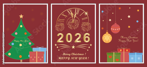 Christmas and New Year 2026 holiday card collection. Vector illustration templates for holiday greeting card, background, cover, website and social media banner, marketing material.
