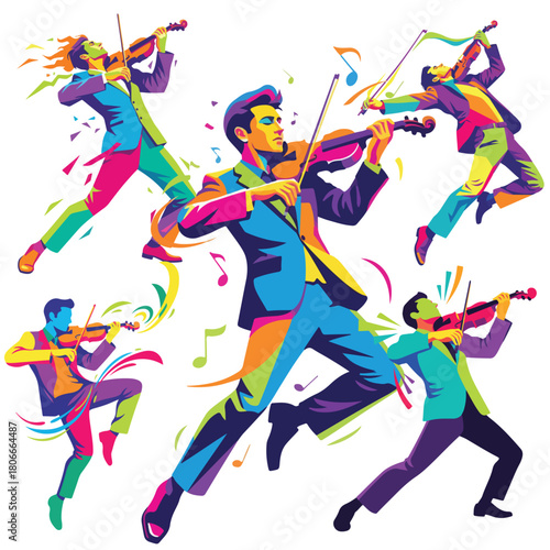Dynamic musicians playing vibrant violins, colorful music performance art, orchestra concept, modern classical symphony, creative melody expression