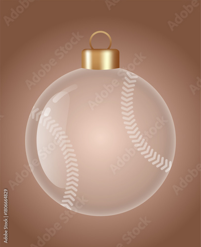 baseball glass ornament vector bauble for stylish Christmas and New Year decor. Transparent glass sphere vector illustration for festive xmas 3D graphic