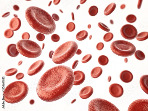 close-up of dozens of red blood cells (erythrocytes) scattered sparsely and randomly across a pure white background, forming an abstract, almost polka-dot pattern.