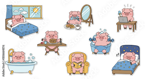 Adorable pink piglet character showcasing a complete daily routine from morning wake-up to nighttime sleep in a cute illustrated sticker set