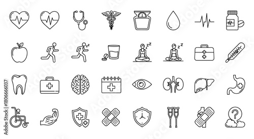 Collection of medical health care icons representing wellness, fitness, and healthy living elements like heart, apple, running man, and brain.