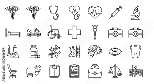 Collection of medical icons and symbols representing healthcare, science, and hospital services, vector illustration