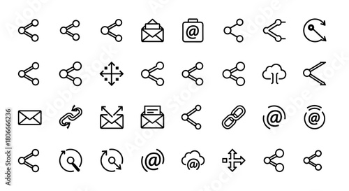 Collection of line icons representing sharing, communication, cloud, and email services, isolated on white.