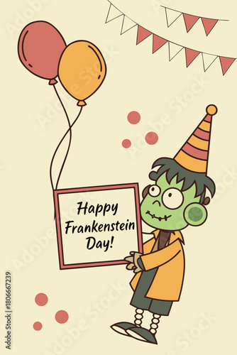 Happy Frankenstein Day, cartoon monster with balloons and sign on cream background