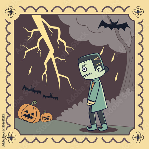 Frankenstein character in a Halloween illustration with pumpkins and bat