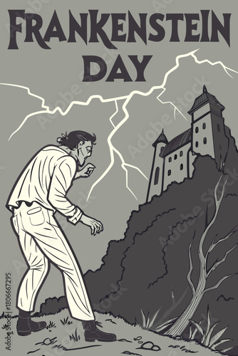 Frankenstein Day illustration: Vintage artwork of classic monster story