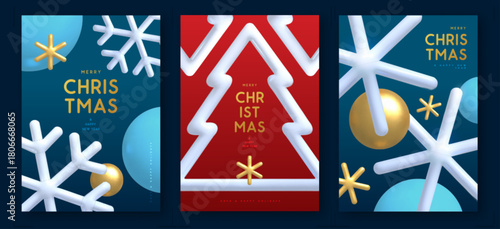 Set of Merry Christmas and New Year covers, posters or greeting cards with 3d plastic and metallic snowflakes on red and blue background. Vector illustration