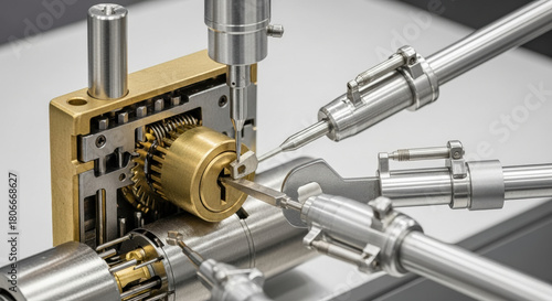 Intricate security lock mechanism under automated testing. This robotics technology shows machine learning and artificial intelligence with precision and high tech intelligence