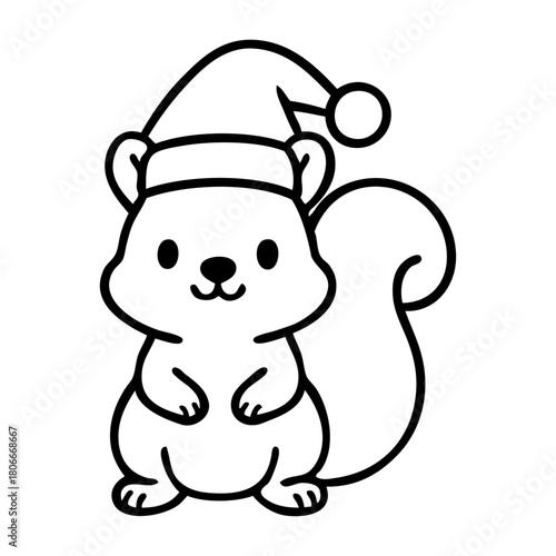 Dibujo sencillo con líneas de ardilla simpática con sombrero de Santa Claus para tarjetas y felicitaciones de Navidad