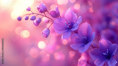 Branch of delicate, purple blossoms against a soft, blurred background