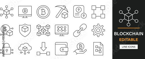 Blockchain editable line icons pack. Digital, technology, cyberspace, software, network, computer, communication, graphic, server, box and more icons.