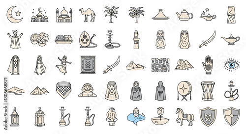 Collection of Middle Eastern cultural icons, including Islamic symbols, desert animals, architecture, and traditional clothing for design