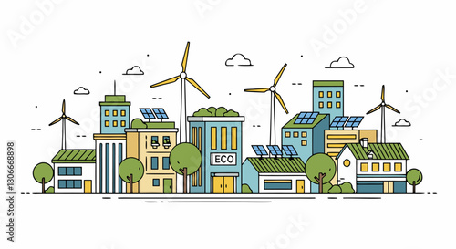 Eco-Friendly Cityscape Sustainable Urban Living with Renewable Energy and Green Spaces